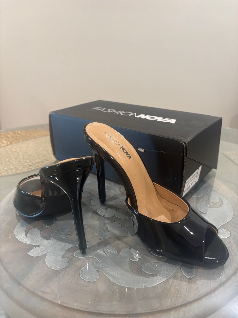 Fashion Nova Black Patent Peep-Toe Stiletto Mules